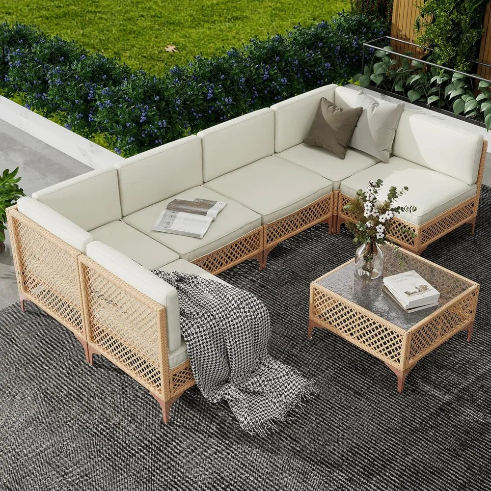 Outdoor Wicker Patio Sectional Set Boho Sofa With Coffee Table