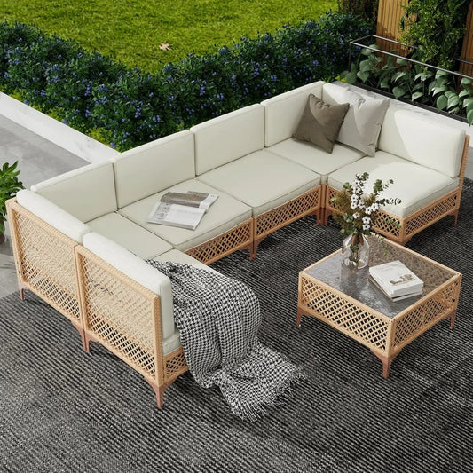 Outdoor Wicker Patio Sectional Set Boho Sofa With Coffee Table