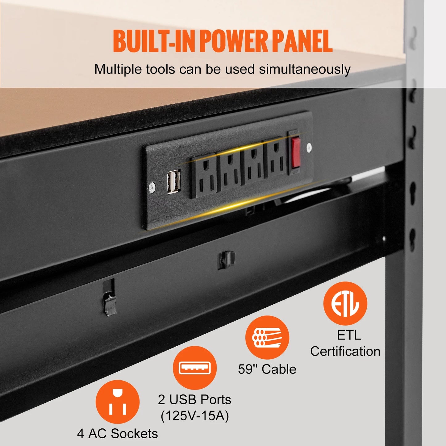 SucceBuy 200lbs Hardwood Workbench Heavy Oak Plank Work Table Carbon Steel with 3m Cable 30 Hooks for Garage Office Workshop