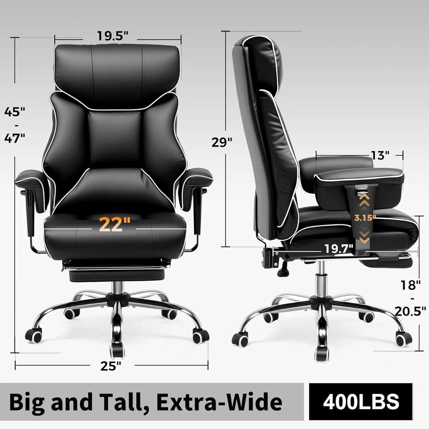 Big and Tall Office Chair 400lbs High Back Gaming Chair with Ergonomic Lumbar Support & Pocket Spring Cushion for Lower Back Pai