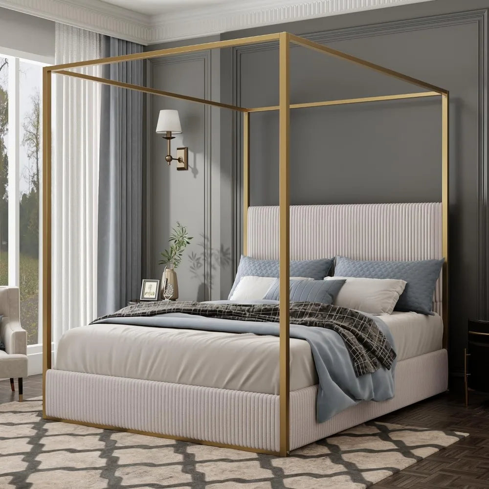 Contemporary King-Size Upholstered Canopy Bed Frame with Metal Posts, No Box Spring Required