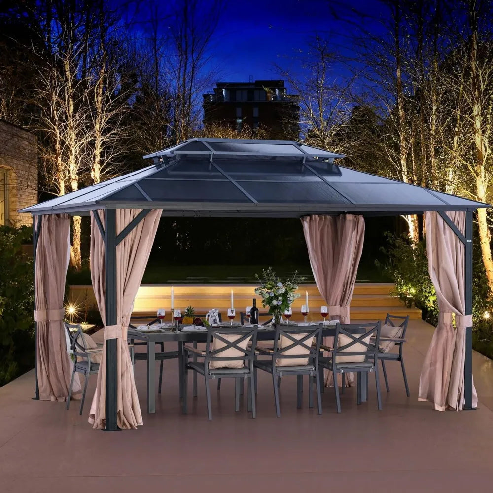 XMSJ Hardtop Gazebo With Double Polycarbonate Roof Netting