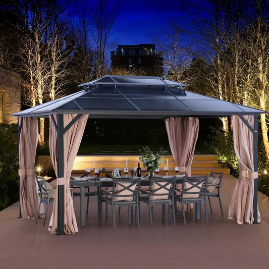 XMSJ Hardtop Gazebo With Double Polycarbonate Roof Netting