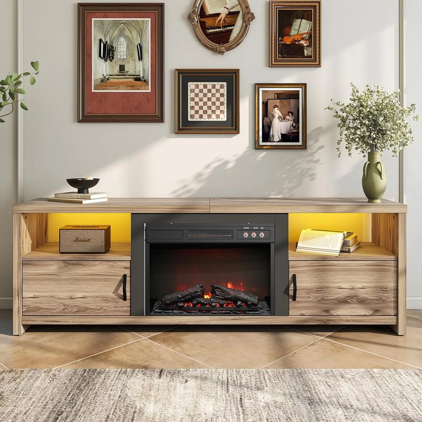 70" Electric Fireplace TV Stand for TVs Up to 75", Modern Fireplace Entertainment Center with Storage Cabinets, LED, Customized