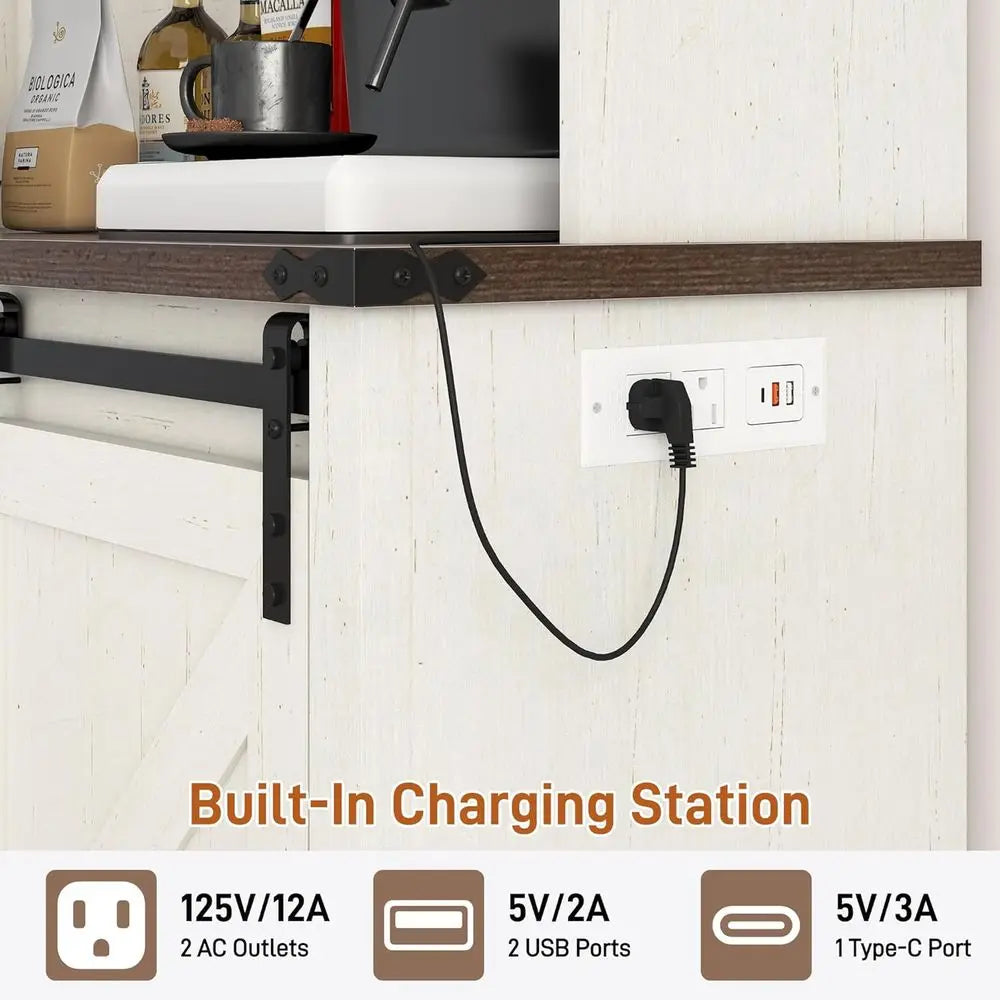 63W x 71H LED-lit Farmhouse Coffee Bar Cabinet with Sliding Doors, Wine Rack, Charging & Glass Holders Customized