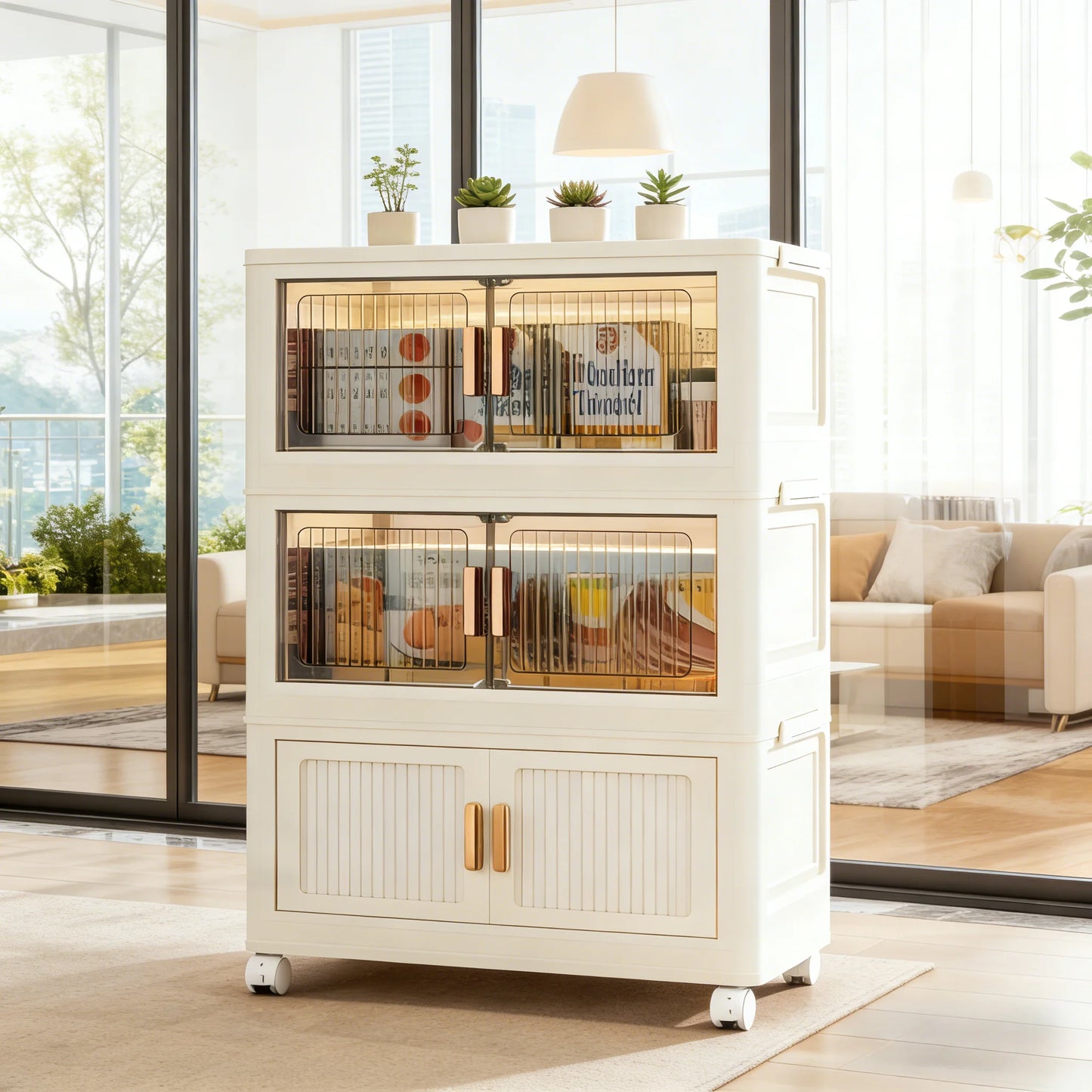 Stackable Versatile Storage Cabinet With Doors And Wheels Plastic Organizer