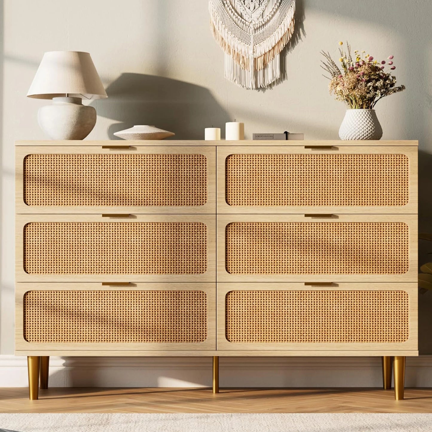 HiMISS 6-Drawer Rattan Dresser Hand Woven Wood Storage