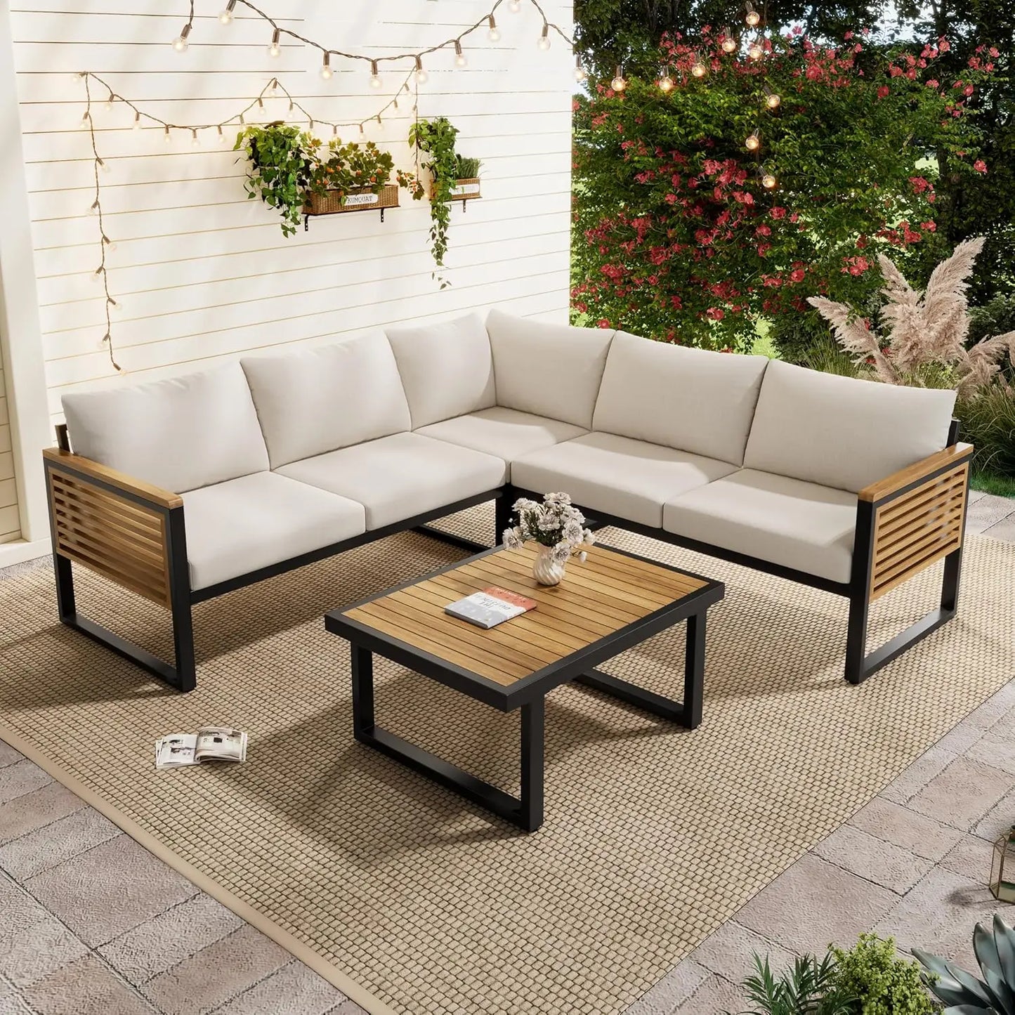 Acacia Wood 4pc Outdoor Sectional Sofa Set With Cushions