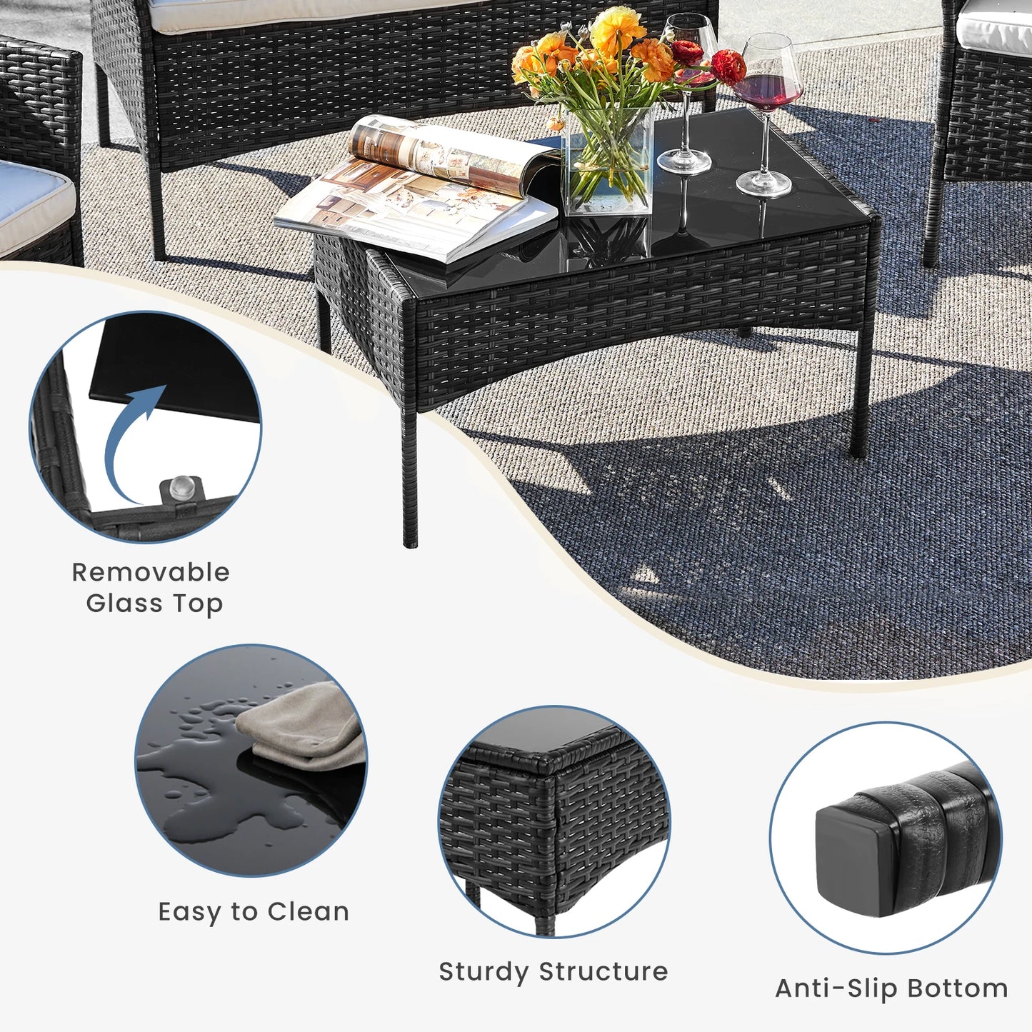 Outdoor Patio Furniture Set 4 Pieces With Glass Table Chairs
