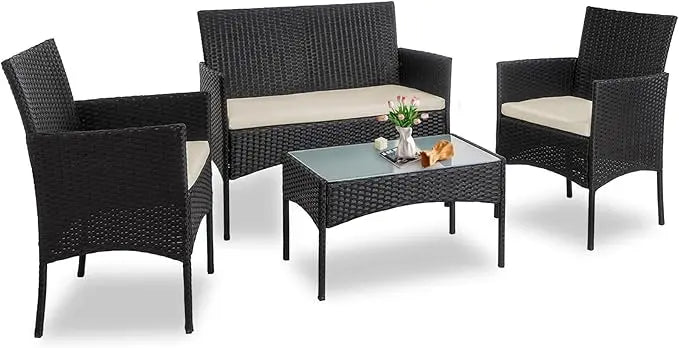 Outdoor Wicker Patio Conversation Set With Cushions And Glass Table