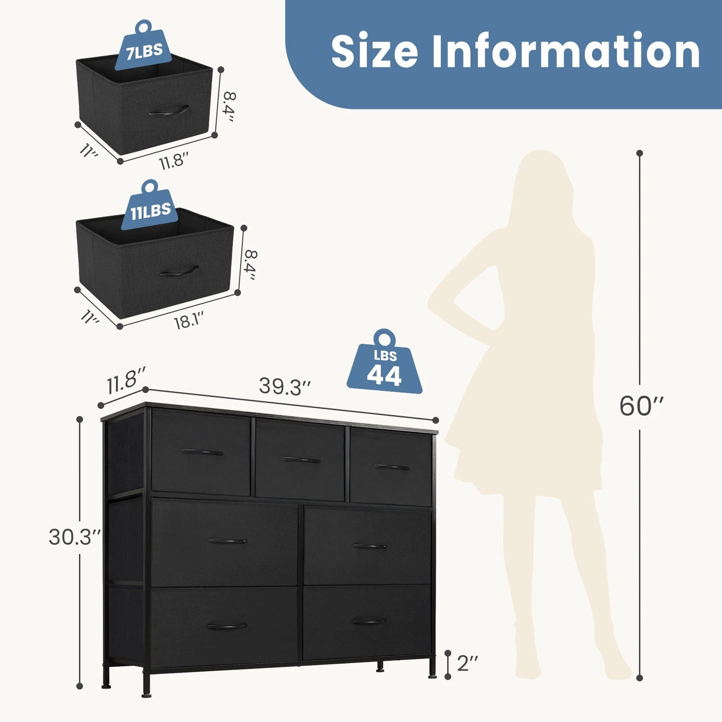 JHK Dresser With Seven Fabric Drawers For Bedroom Storage