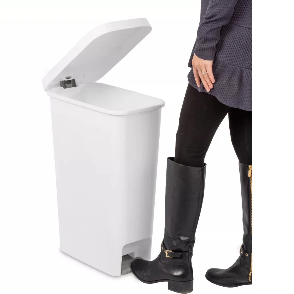 11gallon Step Slim Trash Can With lid,Plastic Tall Narrow Garbage Can for Kitchen,Large Foot Pedal Trashcan for Bathroom,White