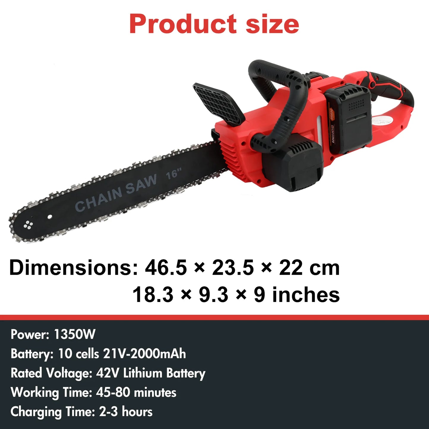 16 Inch Electric Chainsaw Cordless 42V 1350W Brushless Two Batteries 3 Chains 2 Chargers for Woodworking Cutting Tree Trimming