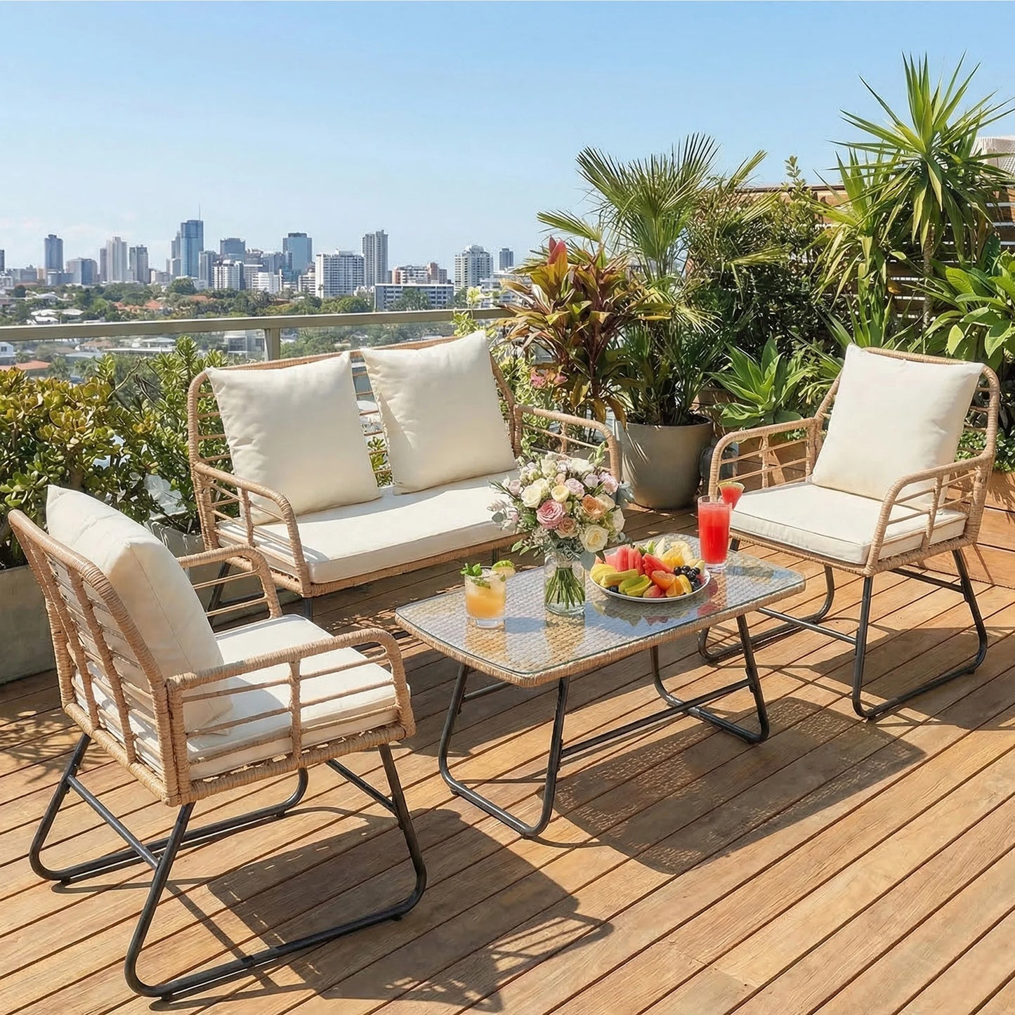 Outdoor Wicker Patio Furniture Set With Cushions And Glass Table