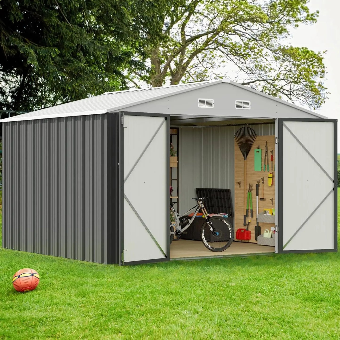 Outdoor Metal Garden Shed With Lockable Door Waterproof Tool Storage