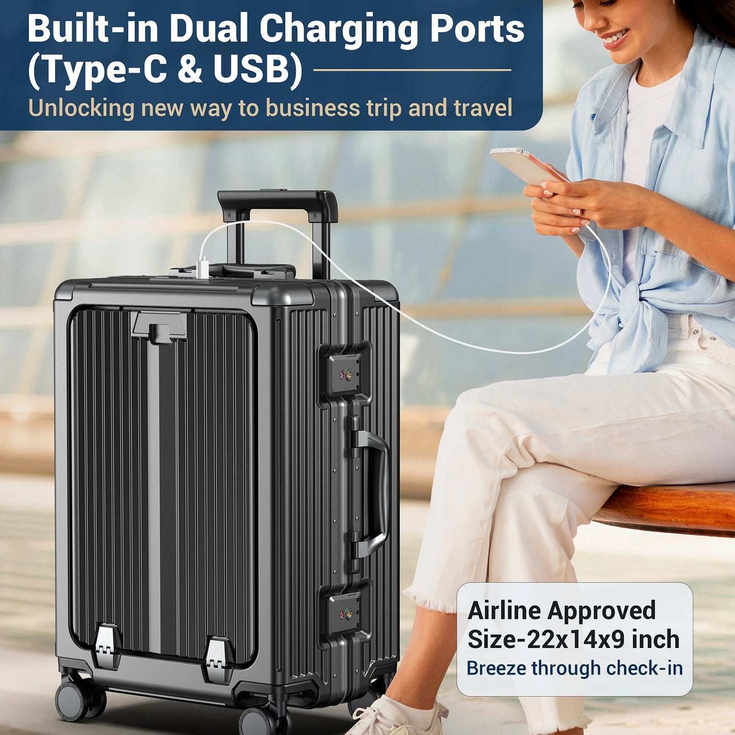 Airline Approved Aluminum Framed Carry On Luggage With Front Laptop Compartment