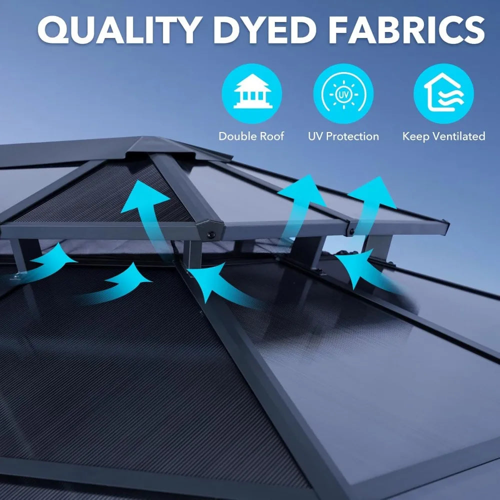 XMSJ Hardtop Gazebo With Double Polycarbonate Roof Netting