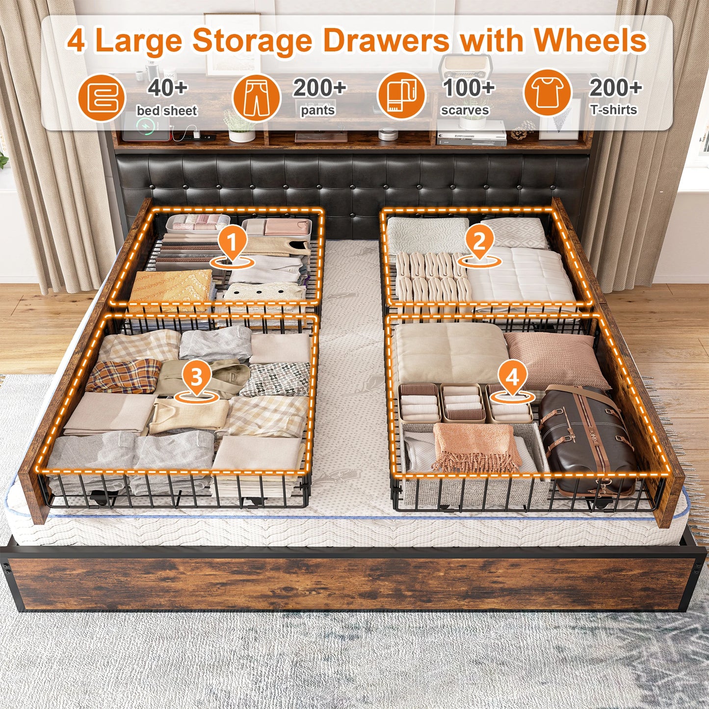 EnHomee Bed Frame With Charging Station And Storage Drawers