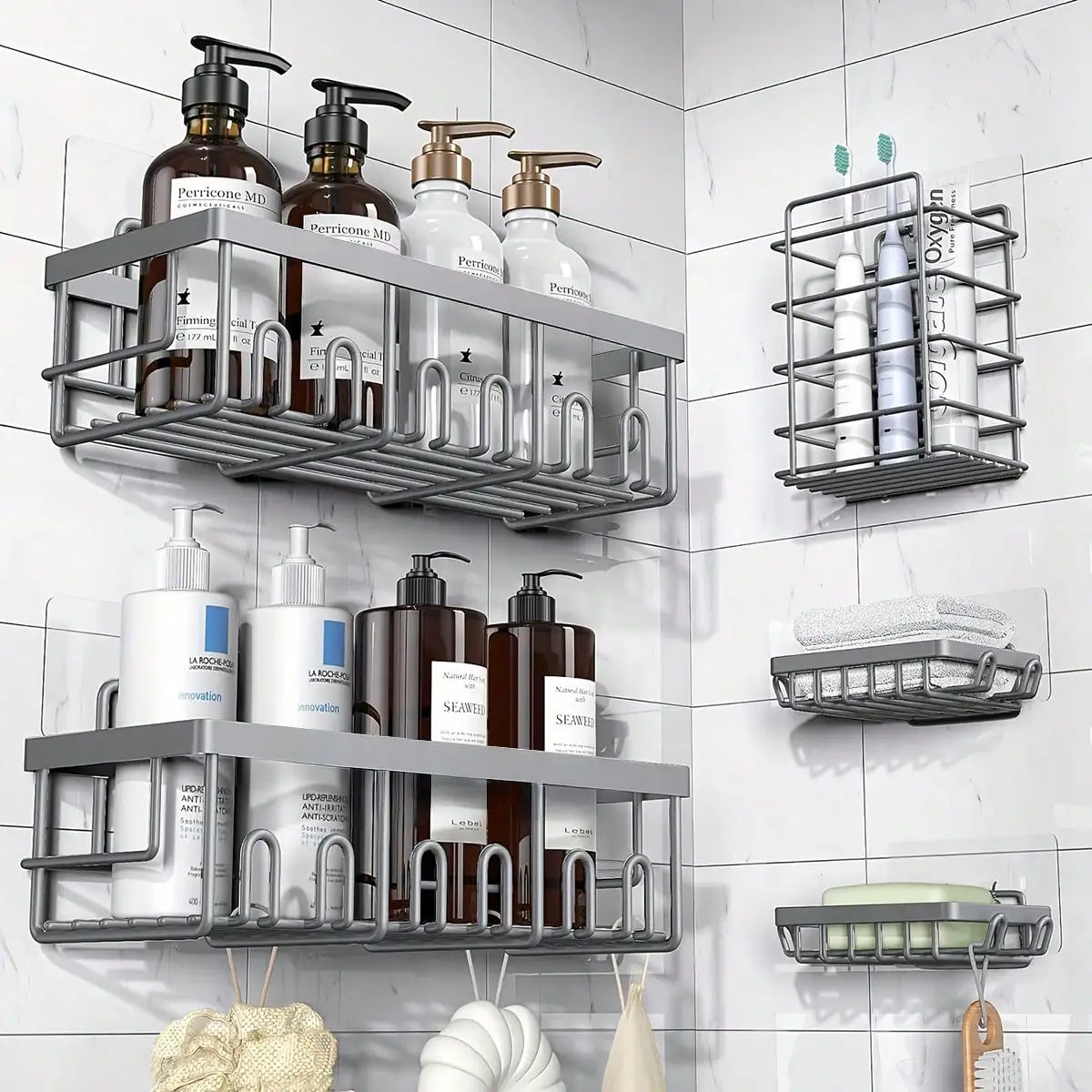 5-Pack Rustproof Stainless Steel Adhesive Shower Caddy No-Drilling Bathroom Storage Shelves