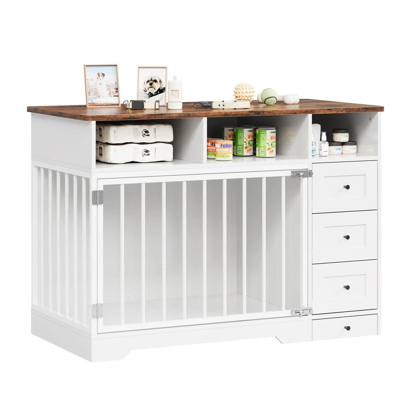HiMISS Farmhouse Wooden Dog Crate With Six Storage Drawers Kennel End Table