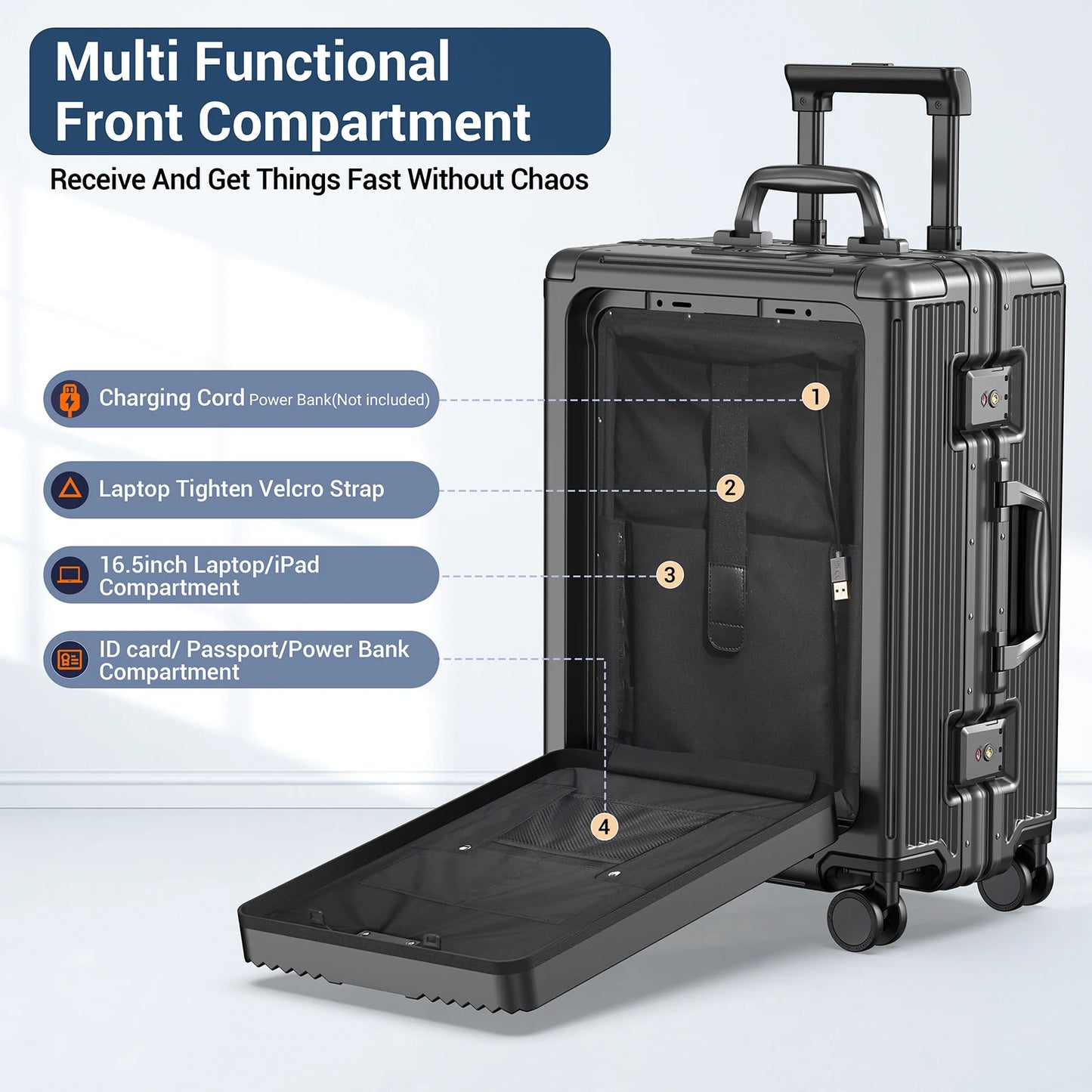 Airline Approved Aluminum Framed Carry On Luggage With Front Laptop Compartment