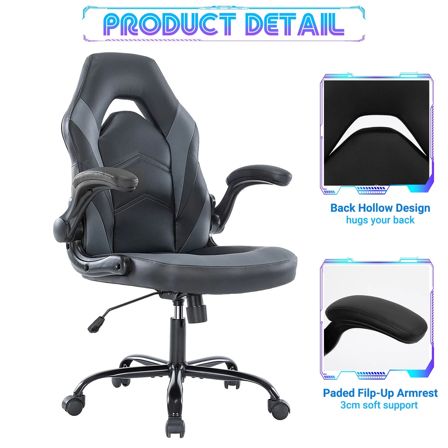 JHK Ergonomic Chair PU Leather Racing Chair Flip Up Armrest