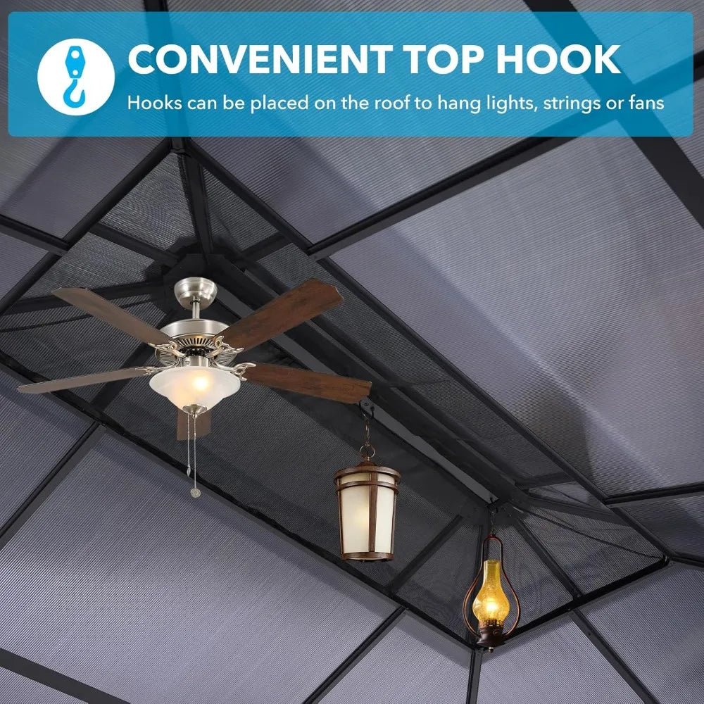 XMSJ Hardtop Gazebo With Double Polycarbonate Roof Netting