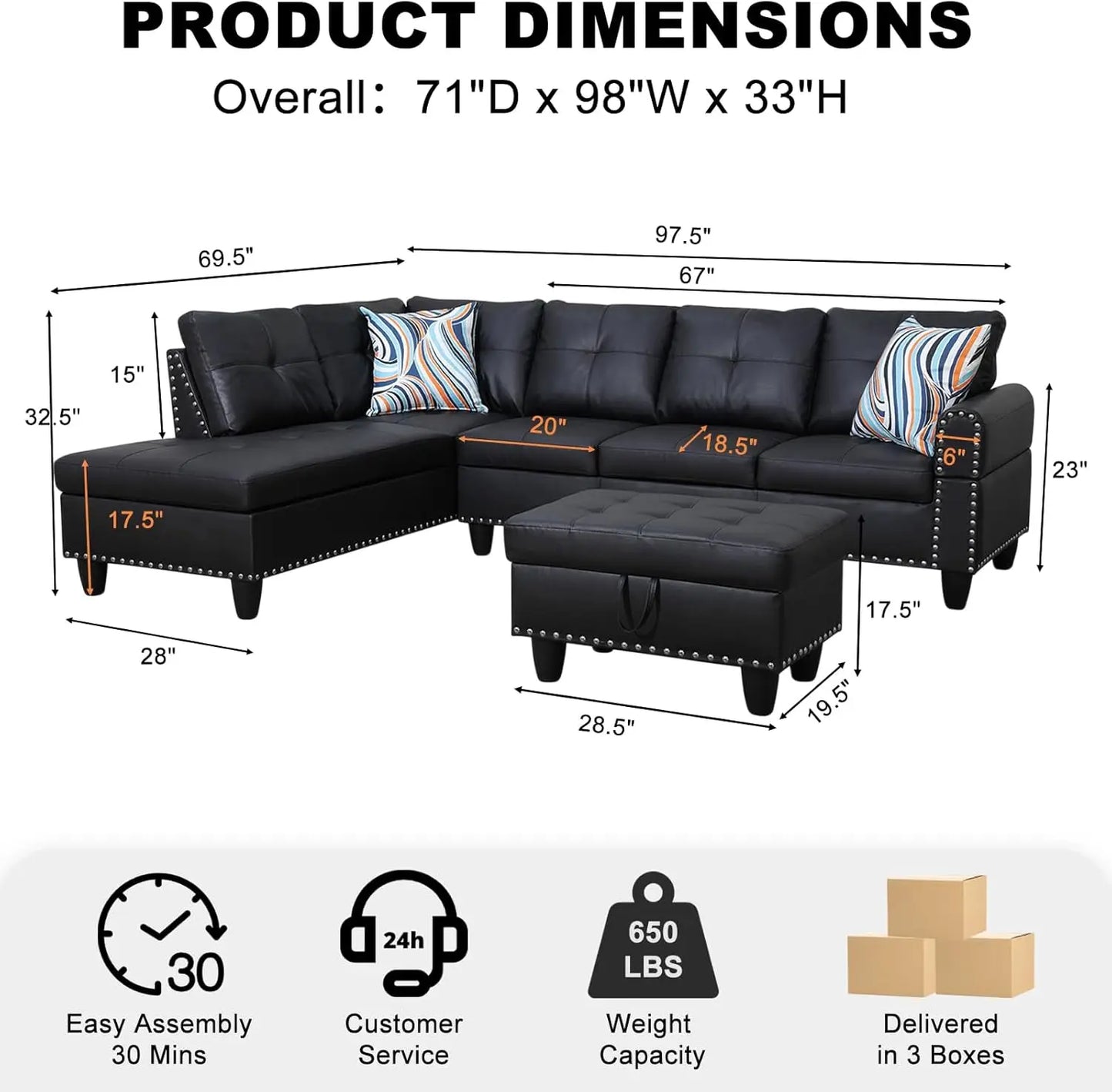 Modern Sectional Sofa Couch 4 Seater Set With Chaise Lounge