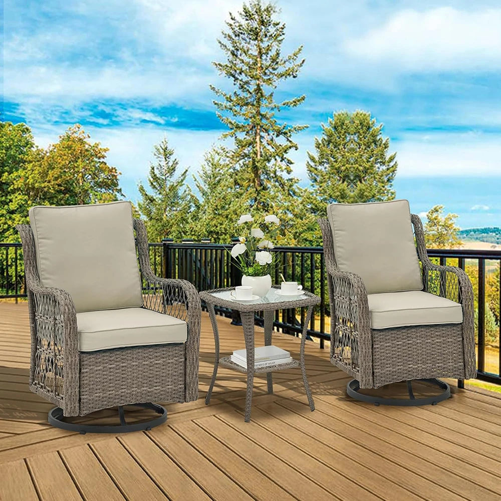 3-Piece Wicker Swivel Rocking Patio Set, 2 Chairs & Glass Table, Rattan Outdoor Furniture With Cushions For Patio Porch Backyard