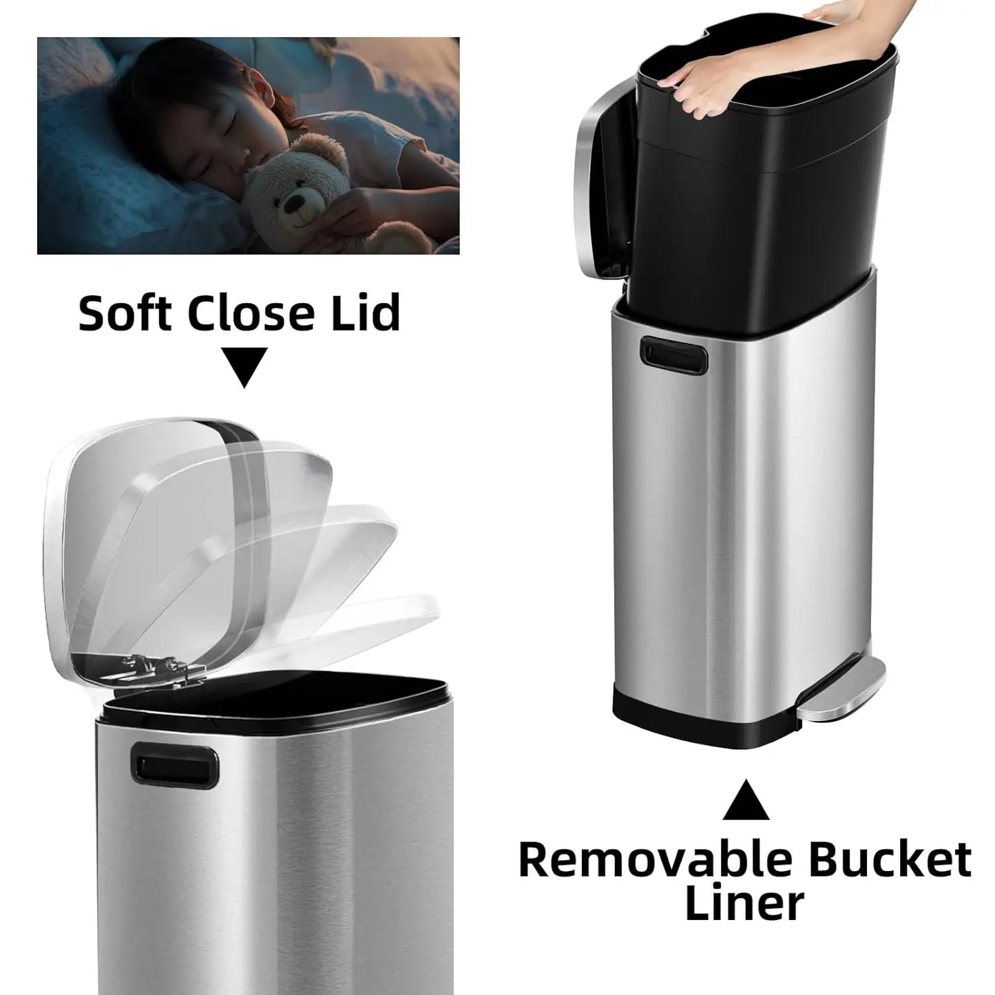 13 Gallon Trash Can with Lid, Trash Can with Removable Inner Bucket and Lid Soft Close, Pedal Rubbish Bin for Home Office