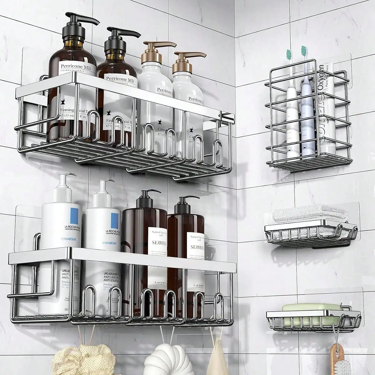 5-Pack Rustproof Stainless Steel Adhesive Shower Caddy No-Drilling Bathroom Storage Shelves