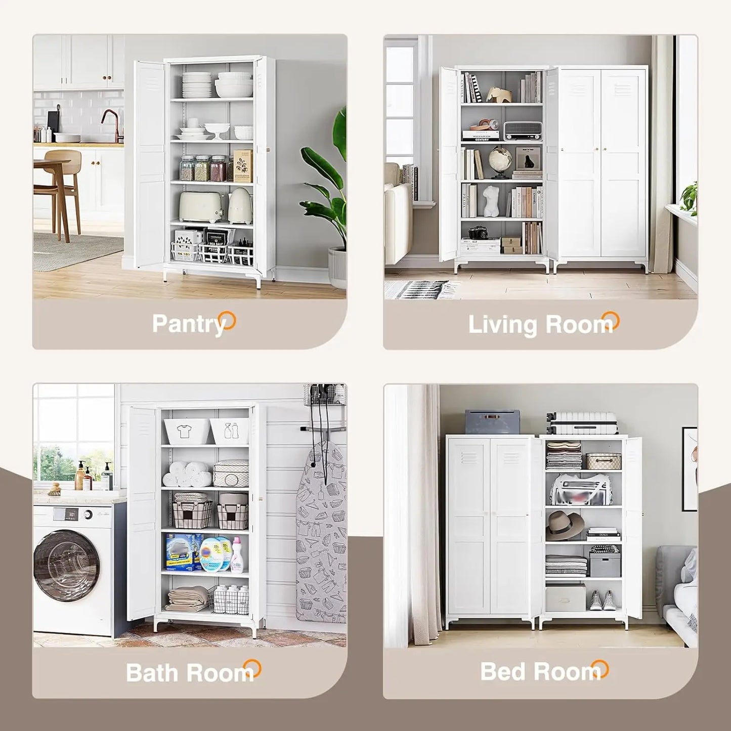 2 Doors and 4 Adjustable Shelves - 61" White Kitchen Pantry Storage 5-Tier Tall Steel Cabinets Locker for Kitchen,