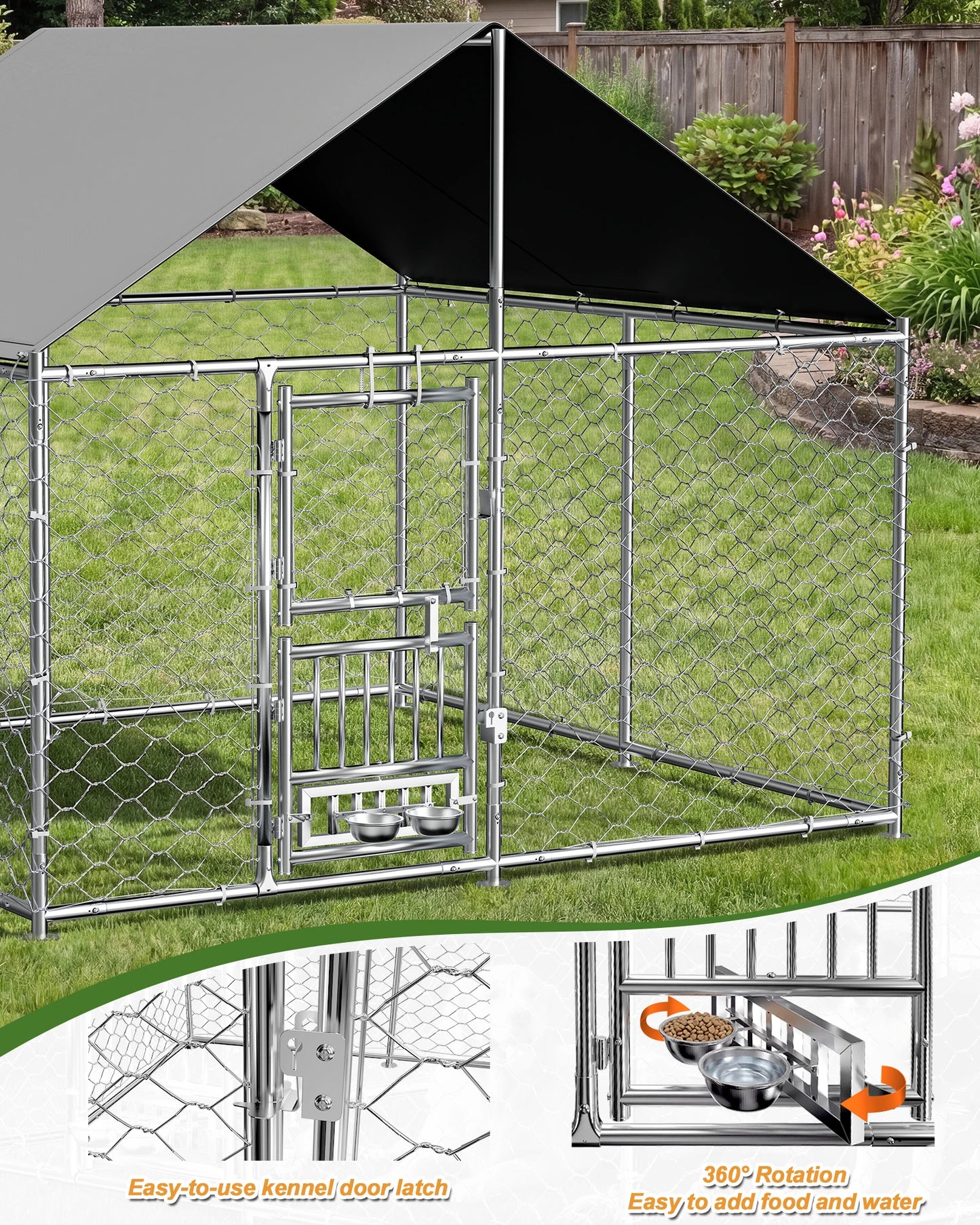 Outdoor Dog Kennel With Rotating Feeder Roof And Double Doors