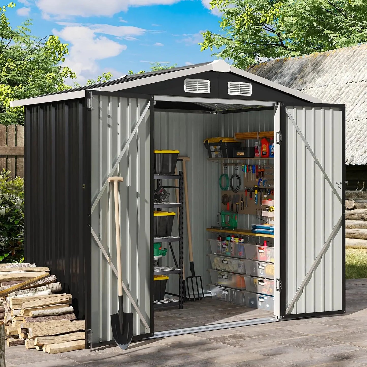 Metal Garden Outdoor Shed With Lockable Doors And Sloping Roof