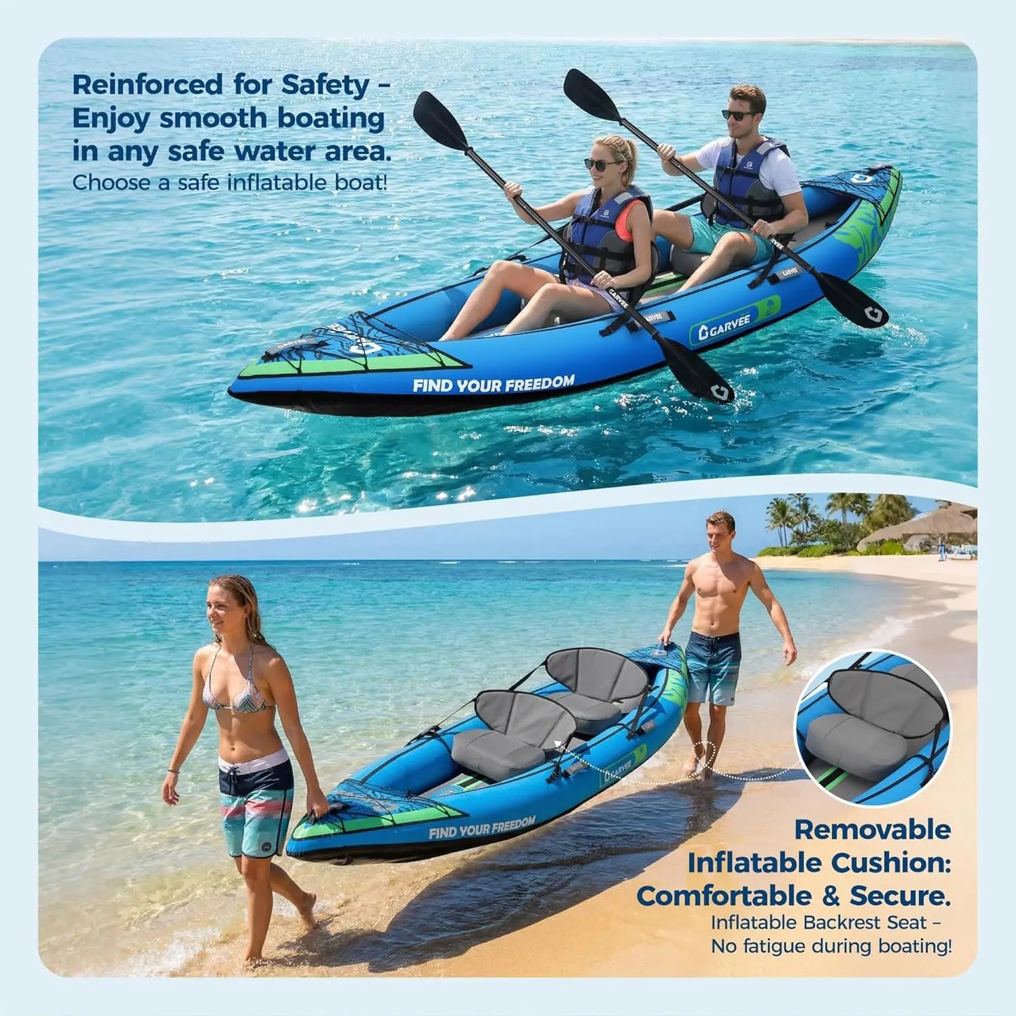 Inflatable Tandem Kayak Heavy Duty PVC With Adjustable Seats Backrest Paddles