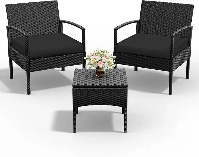 Outdoor Wicker Patio Conversation Set With Cushions And Glass Table