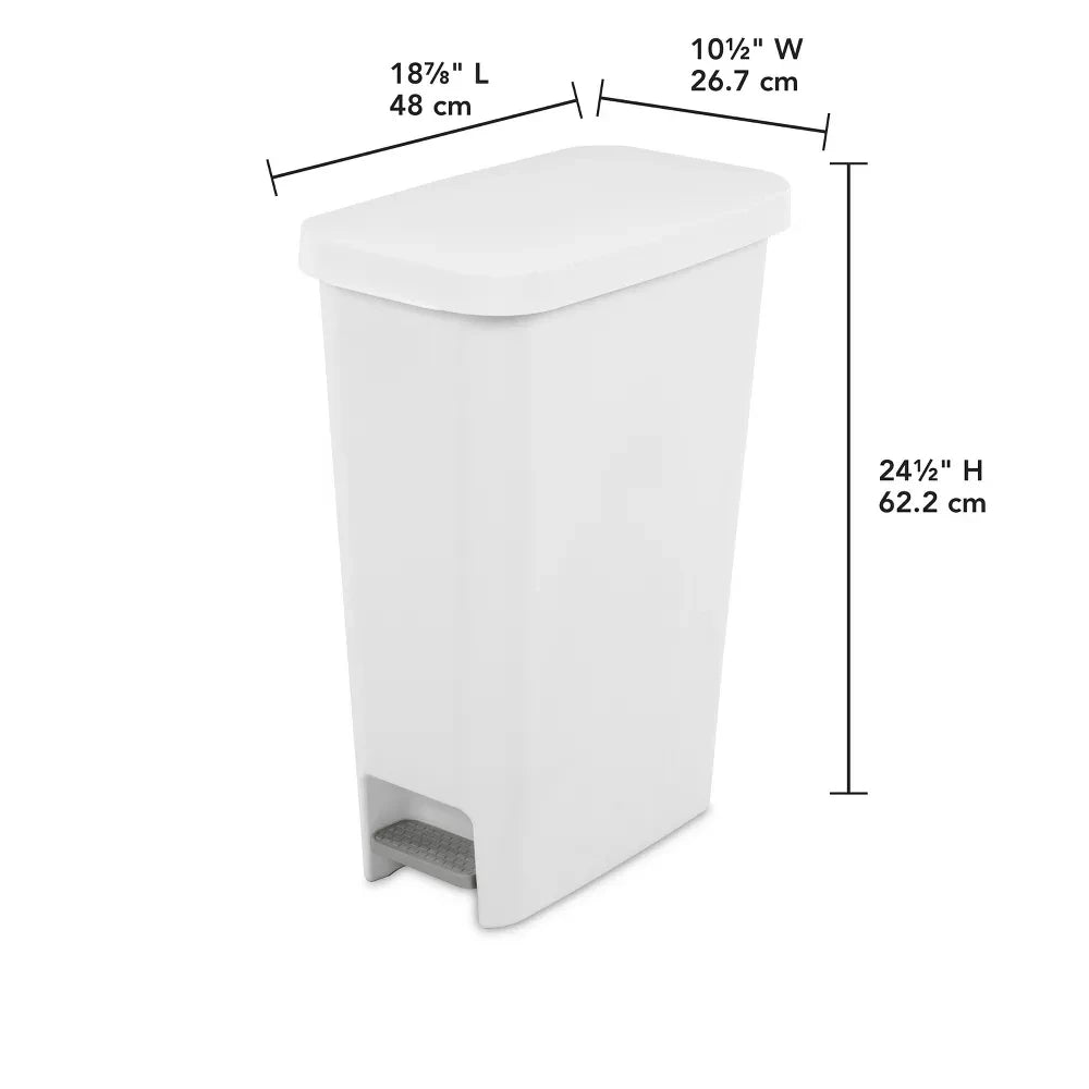 11gallon Step Slim Trash Can With lid,Plastic Tall Narrow Garbage Can for Kitchen,Large Foot Pedal Trashcan for Bathroom,White