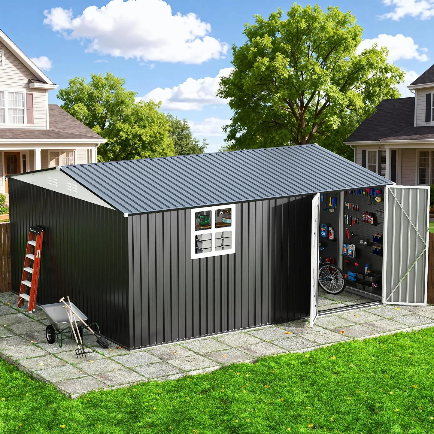 VIWAT Outdoor Metal Storage Shed With Window Lockable Heavy Duty Frame