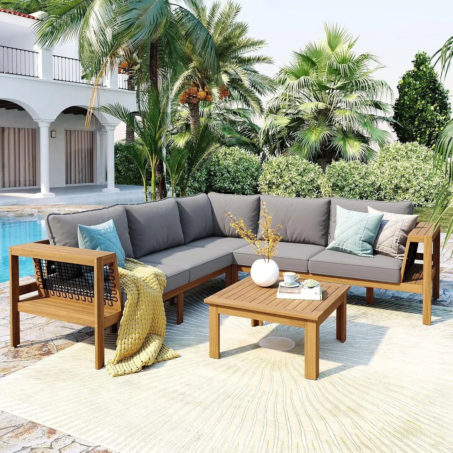 Acacia Wood 4pc Outdoor Sectional Sofa Set With Cushions