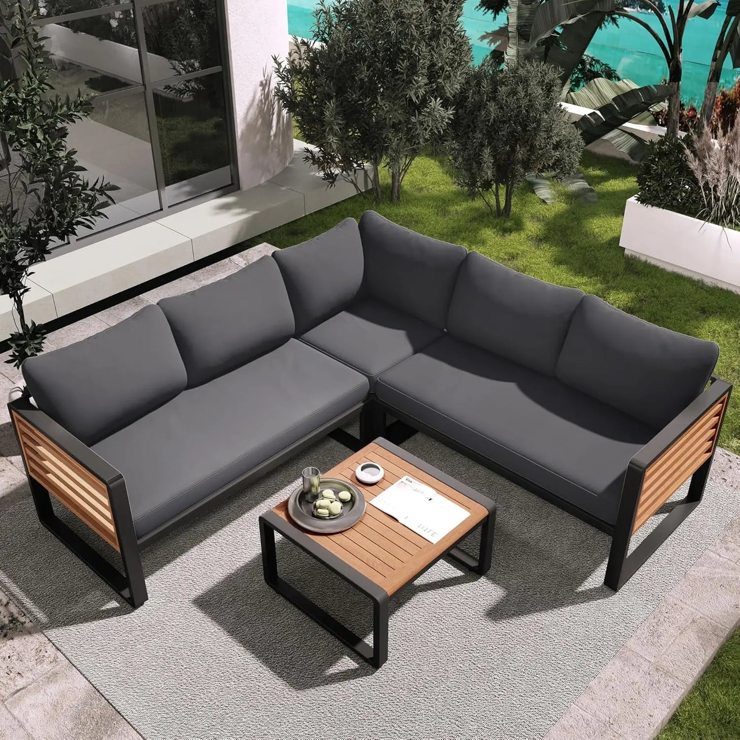 Acacia Wood 4pc Outdoor Sectional Sofa Set With Cushions