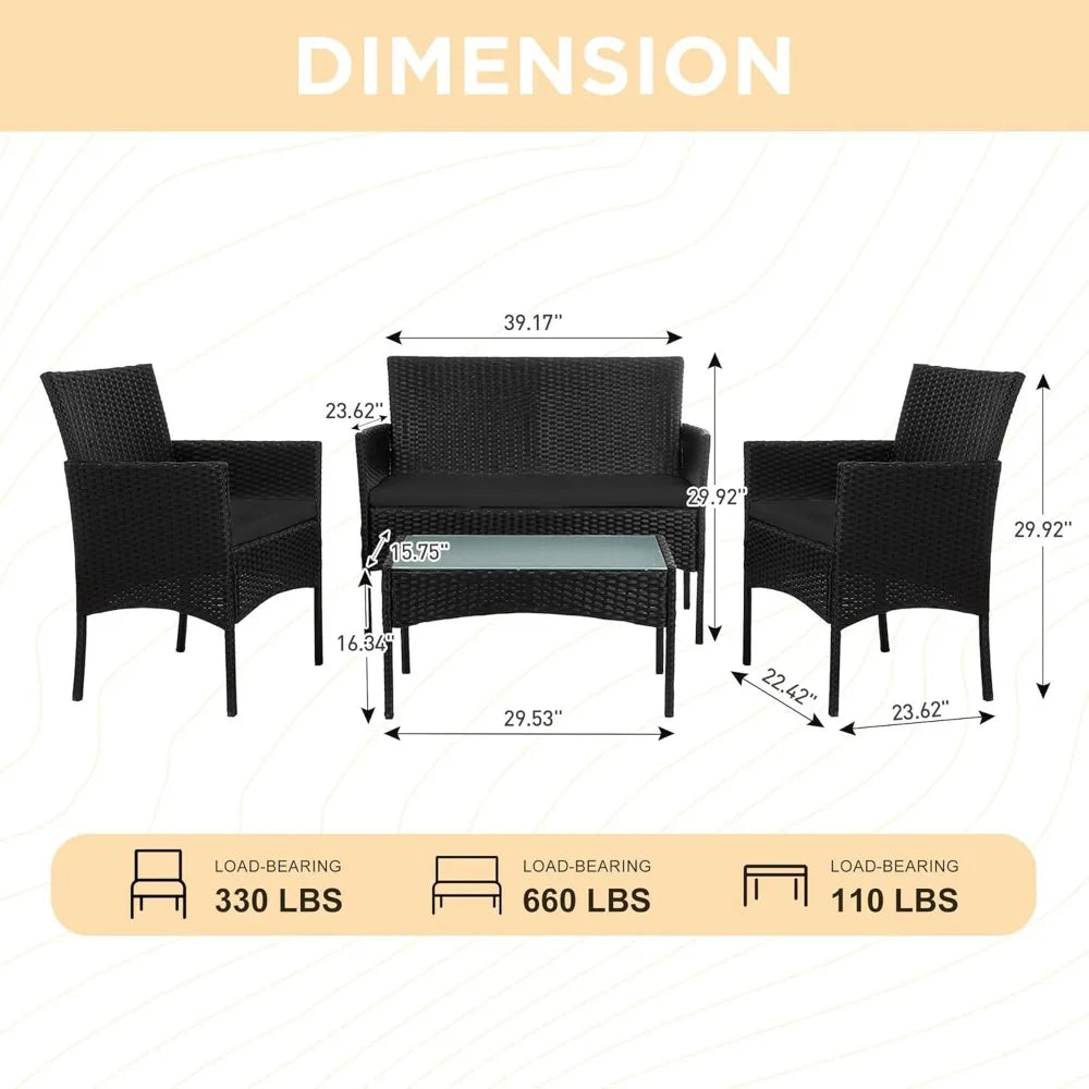 Outdoor Wicker Patio Conversation Set With Cushions And Glass Table
