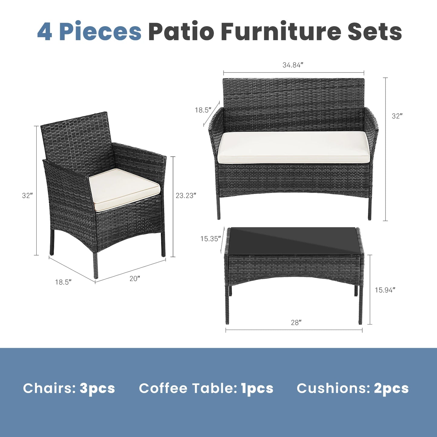 Outdoor Patio Furniture Set 4 Pieces With Glass Table Chairs
