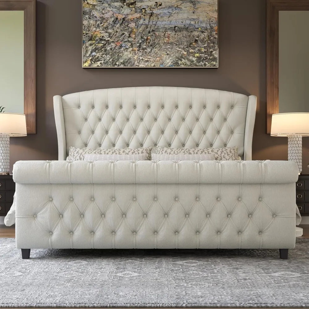 California King Size Platform Bed Frame, with Scroll Wingback Headboard & Footboard, Velvet Upholstered Sleigh Bed