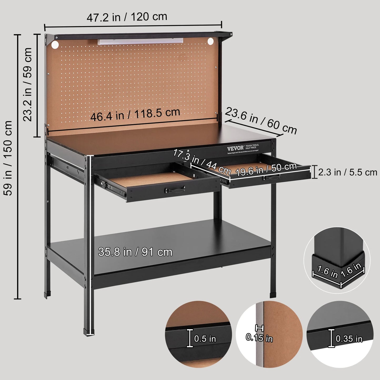 SucceBuy 200lbs Hardwood Workbench Heavy Oak Plank Work Table Carbon Steel with 3m Cable 30 Hooks for Garage Office Workshop