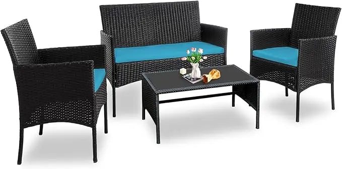 Outdoor Wicker Patio Conversation Set With Cushions And Glass Table