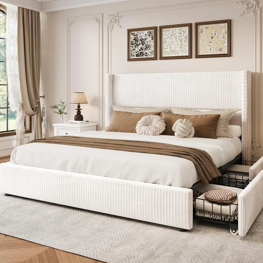 Queen Bed Frame with 4 Storage Drawers,Upholstered Bed Frame Queen Size with Headboard Corduroy Platform Bed Frame, Customized