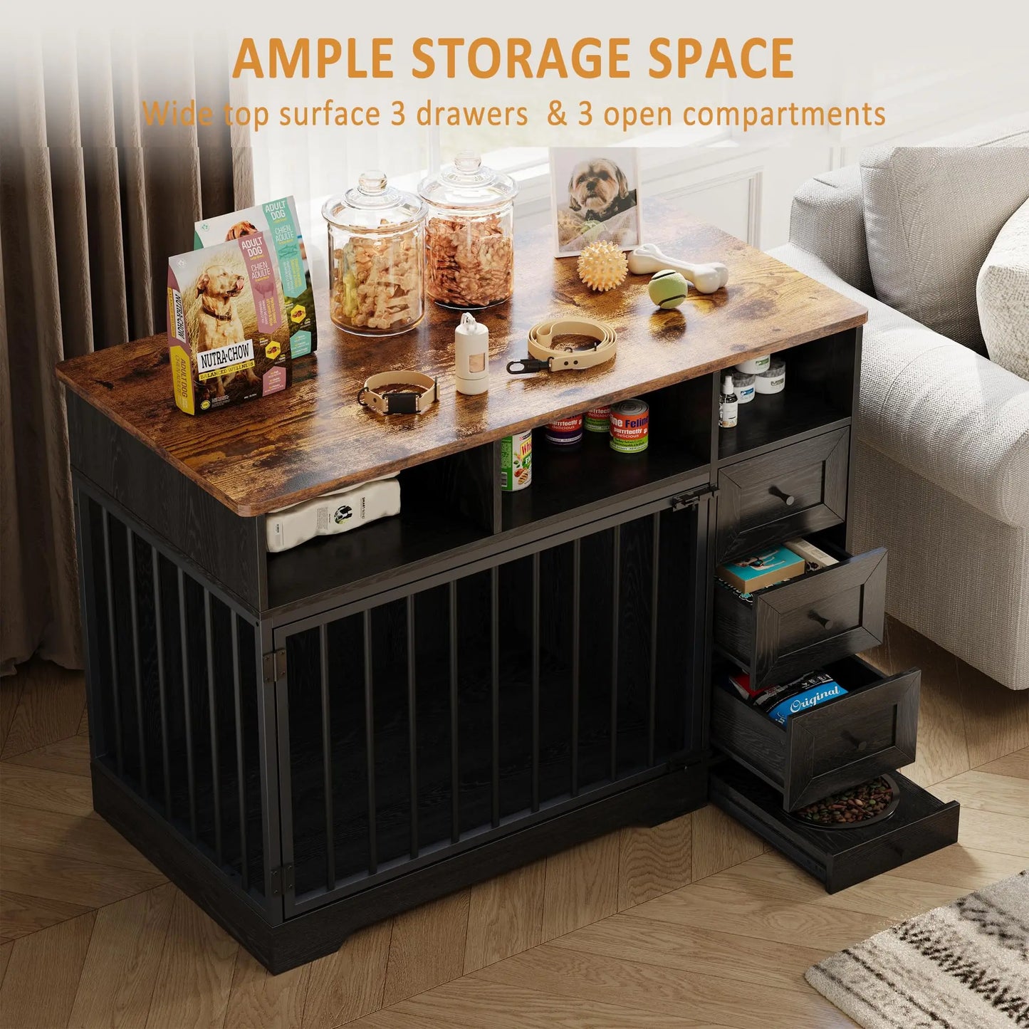 HiMISS Farmhouse Wooden Dog Crate With Six Storage Drawers Kennel End Table