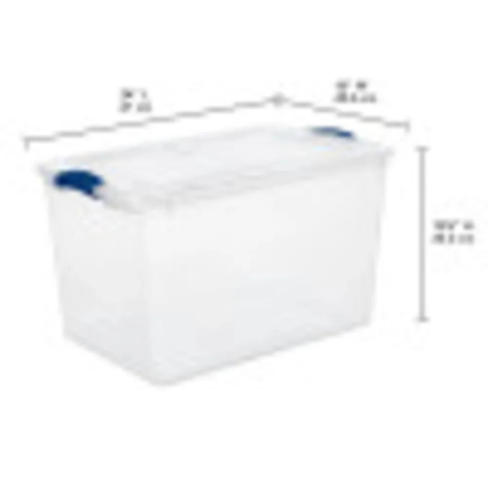 (4 pack) Sterilite Large Storage Bin, 66 Quart Clear Plastic Storage Container with Latch Lid, Blue