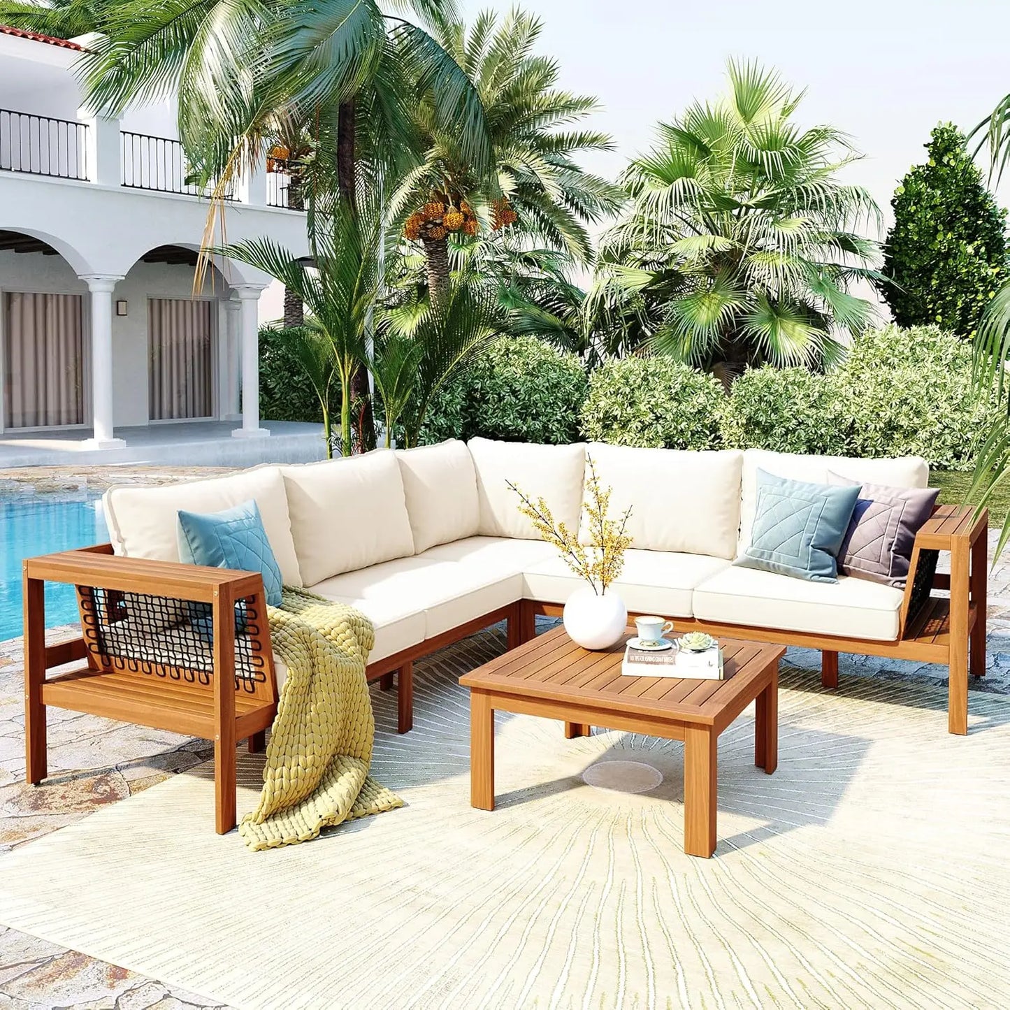 Acacia Wood 4pc Outdoor Sectional Sofa Set With Cushions