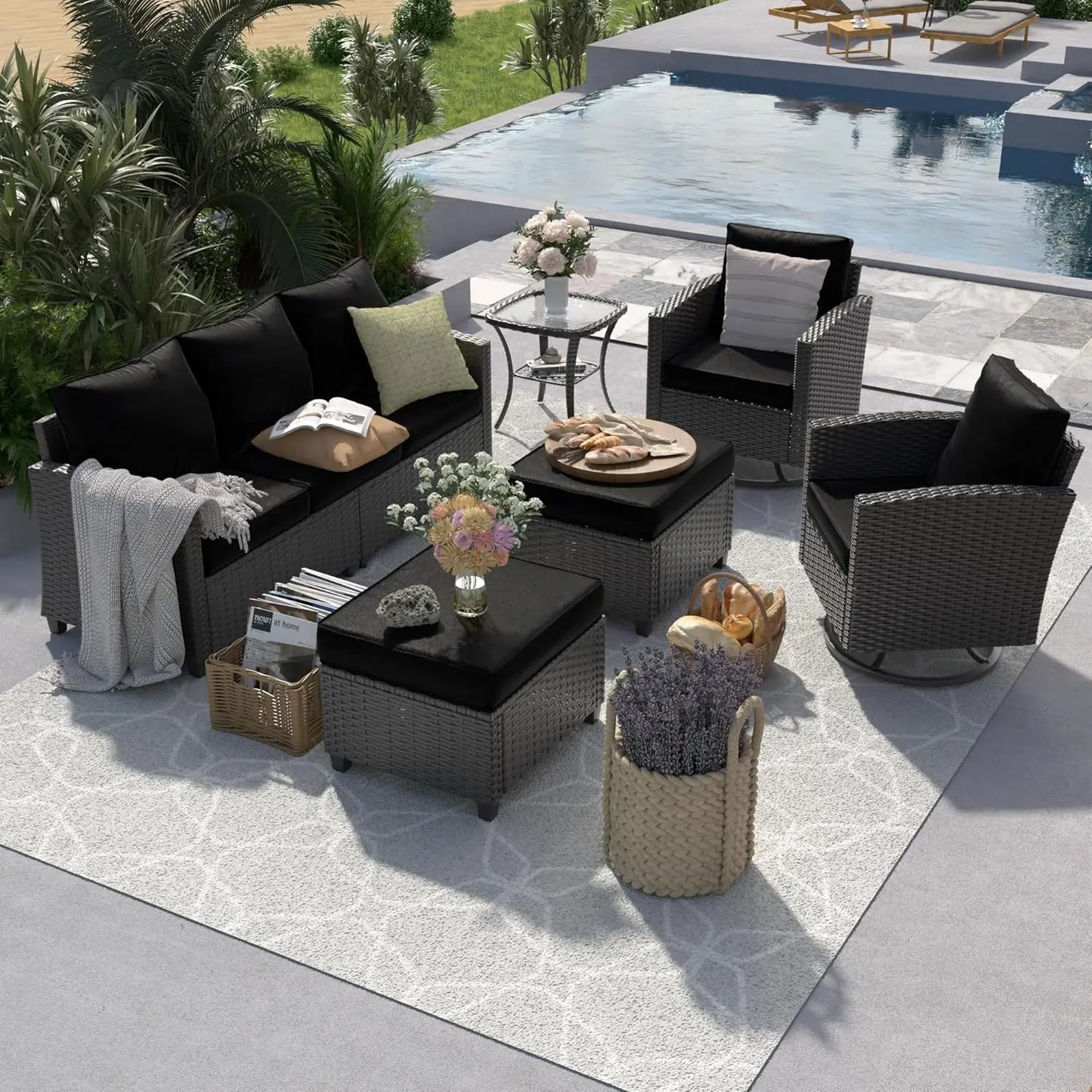 6Pc PE Rattan Sectional Sofa Set With Side Table Patio